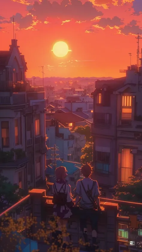 anime couple sitting on a balcony watching the sunset, watching the sun set. anime, lofi artstyle, anime background art, anime style cityscape, beautiful anime scene, lofi art, in style of makoto shinkai, 4 k manga wallpaper, makoto shinkai cyril rolando, ...