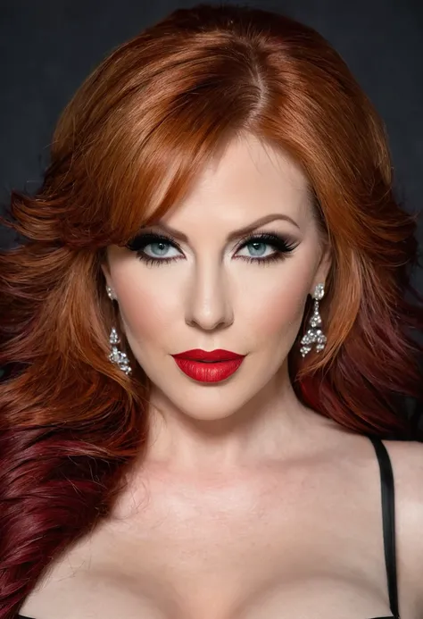 A waist-up portrait of a beautiful female whose face combines features of Maitland Ward + Taylor Wane. The female has lovely makeup on her face. The female wears red lipstick. Symmetrical eyes. Symmetrical face. Lovely details. Photorealistic. Full-colored...