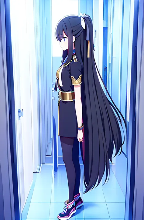 hair length about 5 meters girl long_hair black_hair tall black_uniform highschool 1girl high ponytail super long hair long hair