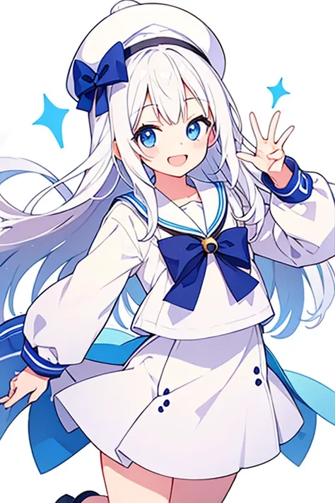 whole body、White Background、hat、Smiling and open mouth、Long white hair、Sailor&#39;White uniform