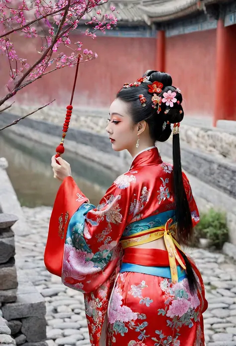 Photo from behind On the cobblestones outside the Qing Dynasty Palace、Empress Qing Dynasty、She is wearing a red Manchu outfit with a flashy floral pattern, and her hair is tied up and pulled up with a large, flashy flower and a hairpin.　The figure shows he...