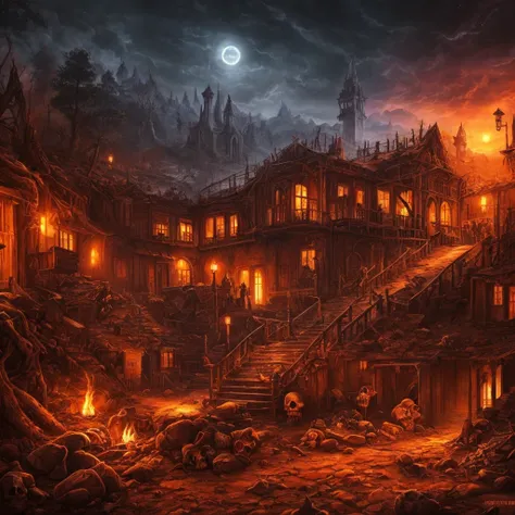 (Night Landscape), Horror, Haunted, Corpses, Skulls, Image Depicting Hell, Necronomicon, Image Style Painting, Realistic, Shadows, HD, High Quality, Cinematic  