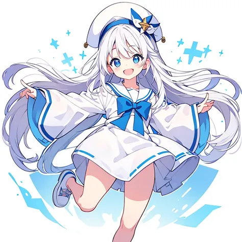 The whole body from head to foot、White Background、hat、Smiling and open mouth、Long white hair、Sailor&#39;White uniform