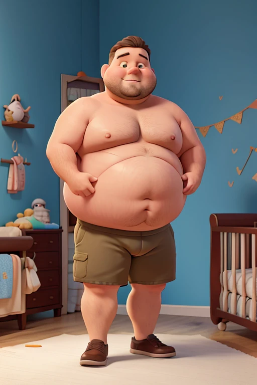 shirtless fat man wearing a diaper carrying a baby in his arms, baby room background
