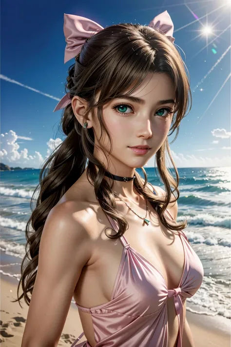 
Aerith,FF7, Long Hair, bangs, Brown Hair, bow, ribbon, jewelry, Green Eyes,  hair ピンクribbon, Braiding, hair bow, Side Lock, choker, necklace, lips, parted bangs, pink bow, Portraiture, Realistic,Super high quality,high quality,masterpiece,Digital SLR,Deta...