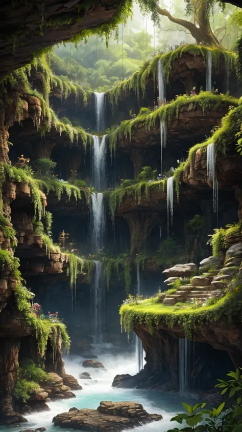 Multi-layered natural formations and hanging gardens,