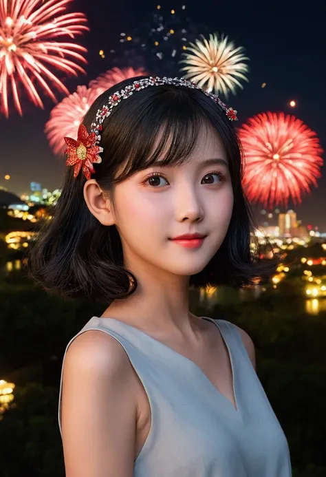 a girl，contour，landscape， Exposing the whole body，Nice face，Red pupils，Gray and black hair accessories bloom，色とりどりのFireworks，Fireworks，daisy，Floating in the sky，bright，cheerful，Warm and soft lighting，night，Green，Qingyun，bar cloud