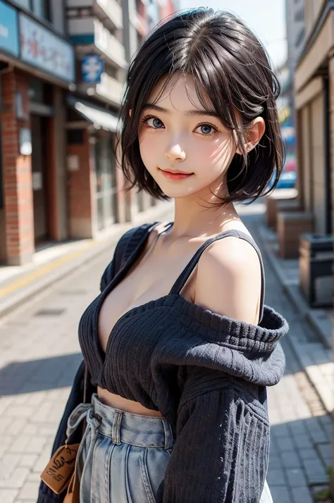 (Masterpiece, BestQuality:1.2), (hyperrealistic), (8k,Photorealistic), (realistic),girl standing street,tokyo,streetsnap,BREAK (brown cap,Latest Japanese fashion for teens in 2024,),whole body,BREAK (16yo,detailed face,(darkblue hair, wavy-short hair),midd...