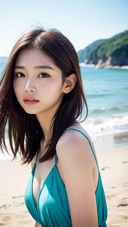 (((Straight, chest-length brown hair)))、(((目が細くLight eye makeup)))、(((Seaside resort)))、morning、Turquoise dress、Half Japanese and half Korean、18-year-old girl、independent、look forward to、Light eye makeup、Brown Hair Color、flat 、Hair blowing in the wind、Qual...