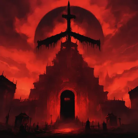 there is a red sky with a tower in the middle, blood temple, silent hill concept art, evil lair, eerie nostalgic concept art, portal to hell, background artwork, concept art, concept art, darkest dungeon art style, diablo concept art, rusted silent hill, c...