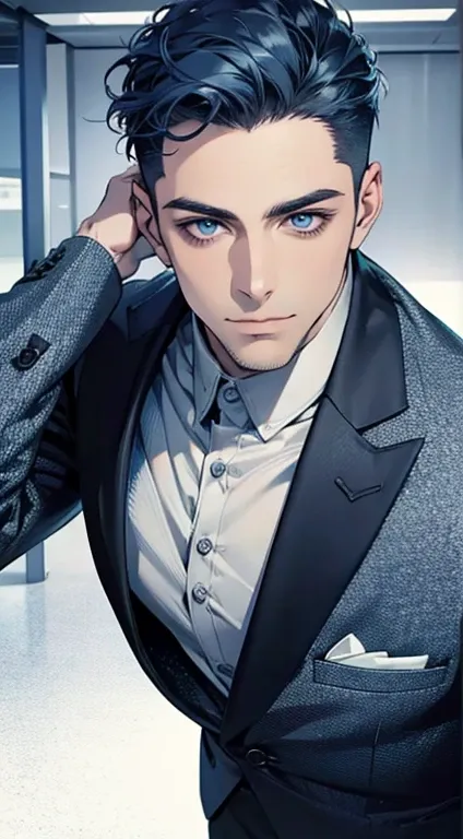 (best quality,4k,8k,highres,masterpiece:1.2),ultra-detailed,(realistic,photorealistic,photo-realistic:1.37),1 man,31 years old,mature man,very handsome,without expression,smile,short blue hair,blue eyes,penetrating gaze,perfect face without errors,imposing...