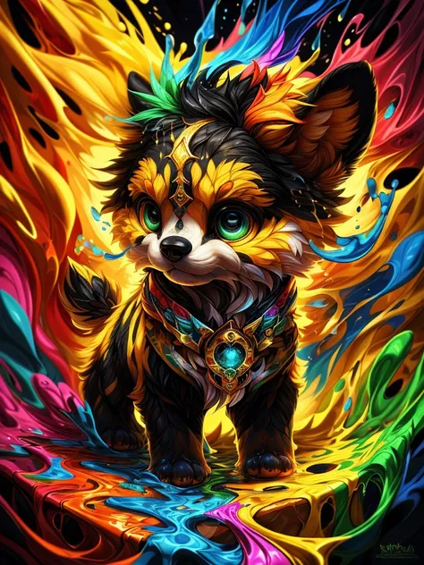 Splash Art, Cute black black black black Shih Tzu puppy in liquid made of color, splash style of colourful paint, hyper detailed intricately detailed, Fantastical,intricately details, Splash screen, complementary colours, fantasy, concept-art, 8K resolutio...