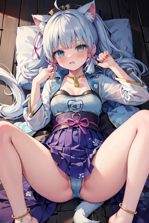 masterpiece, best quality, {{{partially unbuttoned}}}, loli, kawaii, long hair, ahoge, beautiful detailed eyes, aqua eyes, eyeball, heart in eye, cat_ears, nose blush , shy, blush, endured_face, medium breasts, bare legs, no legwear, naughty_face, excited,...