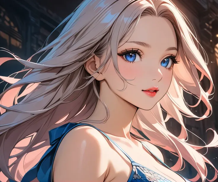 elegant young woman with long silver hair and vibrant blue eyes, wearing a short white camisole and cropped shirt, detailed face and body, beautiful detailed eyes, beautiful detailed lips, extremely detailed eyes and face, long eyelashes, illustration, ani...