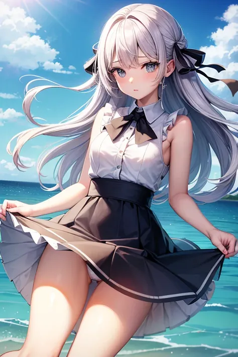 (master_piece, high_quality, beautiful, super delicate, absurdres:1.2), 1girl, mature, 16 years old, beautiful face, ahoge, hair fluttering in the wind, white hair, blue eye, (sundress suit, long skirt, The wind is blowing, Skirt flipped up, I can see your...