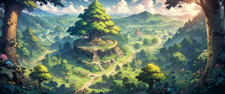 forest，A variety of trees and flowers，Beautiful and mysterious，forest中央是一棵参天古树，The elves are flying around the sacred tree。Birds eye view composition，Panorama pictures，Scene screen，Game concept art style，Anime illustration style，HD，4K。