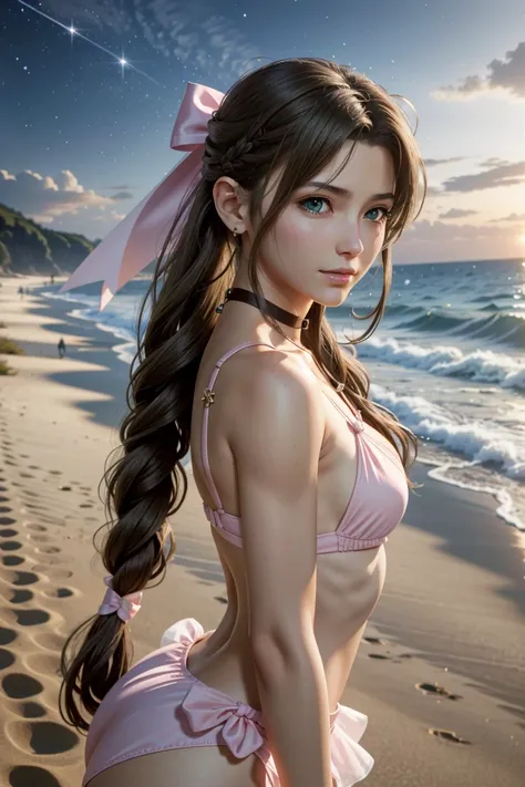 aerith,ff7, long hair, bangs, brown hair, bow, ribbon, jewelry, green eyes,  hair ピンクribbon, braiding, hair bow, side lock, chok...