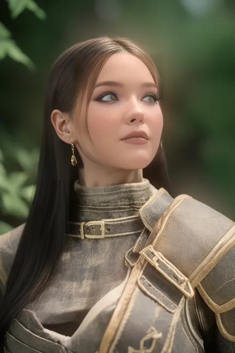 1 girl, masterpiece, 32 yo, femalebreton beauty sits outdoors in a rustic Skyrim village, surrounded by thatched roofs and lush greenery. The sun casts a warm glow on her porcelain skin as she gazes directly into the camera lens, her piercing green eyes sp...