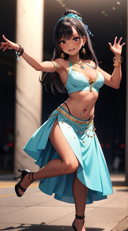 Extremely beautiful,1 girl, jewerly, breastsout, ((dancing1.4)), high-heels, darkskin, bracelet, へそ, aretes, focus only, Ankle Bracelet, dark skinned female, tummy, Blurry background, long hair, necklase, Blurry, neckleace, Bblack hair, overskirt, realisit...