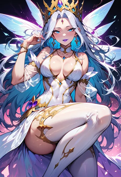 1 mature beautiful woman,(Highest quality,Extremely detailed depiction,Incredibly absurd high resolution,Anatomically accurate depiction,Curvy Legs),(Art with precise detail:1.5),(Glowing Skin,Shiny skin),(Fairy Queen:1.5),(Sexy Costumes,White leather,See-...