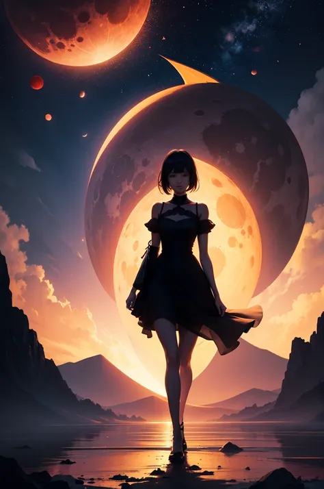 full body girl mostly silhouette in front of lunar eclipse