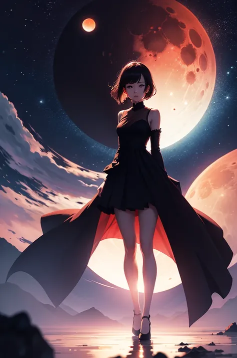 full body girl mostly silhouette in front of lunar eclipse