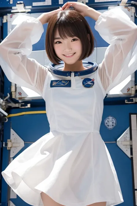 One Girl, Japan model with a smile, A gravure idol with a cute smile, 25 talents, Thin fabric dress, No sleeve, Simple white dress, Shortcuts, Short Bob, Inside a module of the International Space Station, no gravity, The outline shines in the backlight,