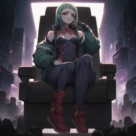 anime character sitting on a chair in a futuristic city, anime cyberpunk, oppai cyberpunk, modern cyberpunk anime, cybercore, digital cyberpunk - anime art, anime cyberpunk art, digital cyberpunk anime art, best anime 4k konachan wallpaper, digital cyberpu...