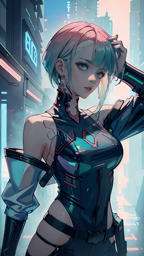 1 girl, one, lucy \(cyberpunk\), cyberpunk \(row\), asymmetrical hair, short hair, blue hair, green hair, pink hair, multicolore...