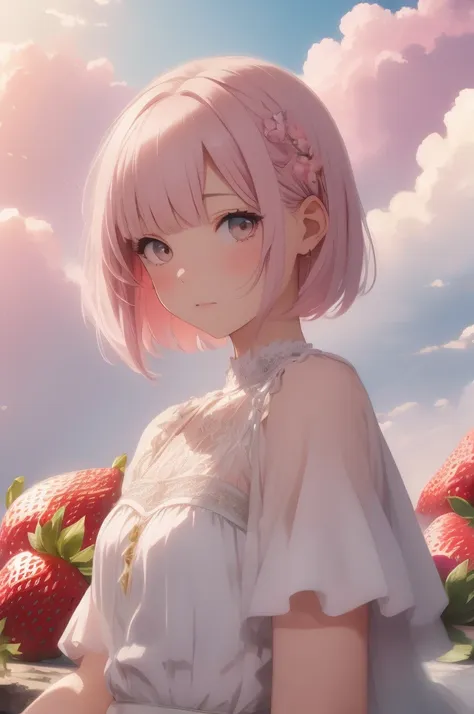 absurd, high resolution, very detailed, (beautiful girl:1.3), bobcut, de luz, strawberry shaved ice clouds floating in the sky, ...