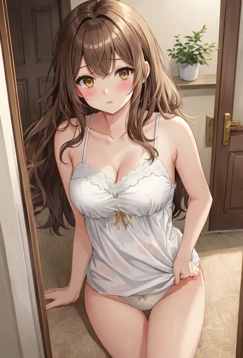 A beautiful girl opening a door with a sleepy expression, anime girl, (20 year old girl:1.3), housewife, inside the room, inside the house, yellow sleeveless camisole, beige lace panties, big round breasts, dark brown hair, long hair, wavy hair, messy hair...