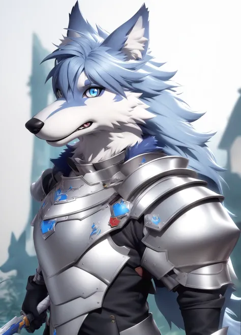 One Man,Close-up of a person in a suit with a sword, Anthropomorphic male wolf, husky in shiny armor, art of silverfox, Wolf Armor, Anthro Art, Anthropomorphic wolf, Anthropomorphic wolfの肖像画, High resolution consignment, Furry character portrait