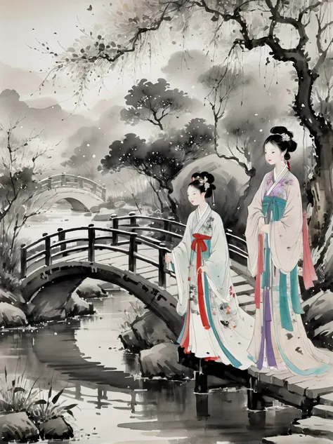 (n style of wu guanzhong:1.9), concept art ink wash painting of romantic qixi festival a chinese boy and girl in hanfu . love st...