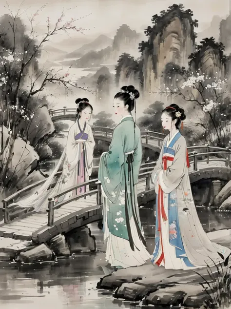 (n style of wu guanzhong:1.9), concept art ink wash painting of romantic qixi festival a chinese boy and girl in hanfu . love st...