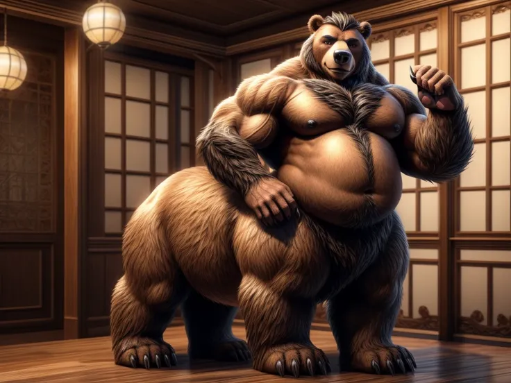 furry, fur taur, beartaur, human-like, anthro,  middle-age, solo,1man, detailed face, bear ears, bear eyes(brown), bear nose(black), bear mouth, beard(grey), hair, mature hair(grey), detailed arm, thick arm, forearm hair, muscular, thick hands(5 fingers), ...