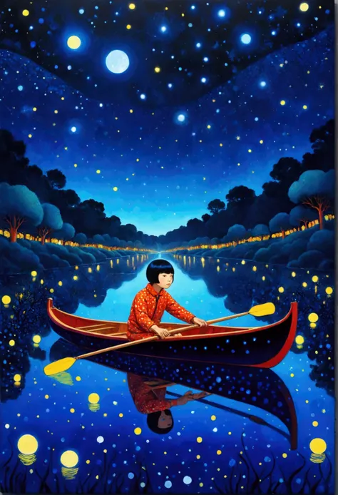 Blue starry sky、Neon，Boy rowing alone，firefly，Dreamy colors，Illustration style（Artists can refer to Yayoi Kusama）