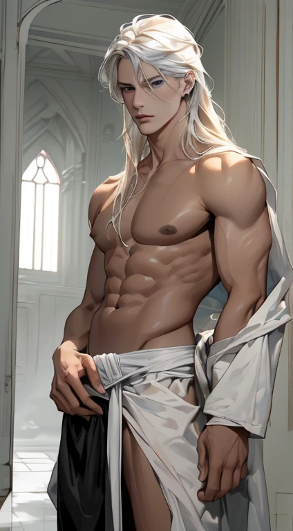 A tall, handsome, statuesque, masculine, adult man is platinum blond, he has tanned skin, blue eyes, long straight platinum hair, he is stripped to the waist, stands in the middle of the room, covers his groin with a large white towel. His hair is wet, his...