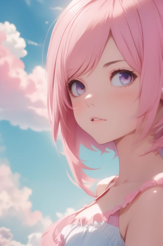 Absurd, Highest quality, A beautiful girl merged into a pink cloud floating in the sky, Bob cut blended into the clouds, (Hold Pink Cloud), Pale pink style, Pale colors, Bright colors, Fantasy watercolor style, Soft Blending, A dreamy, romantic wash, Refre...