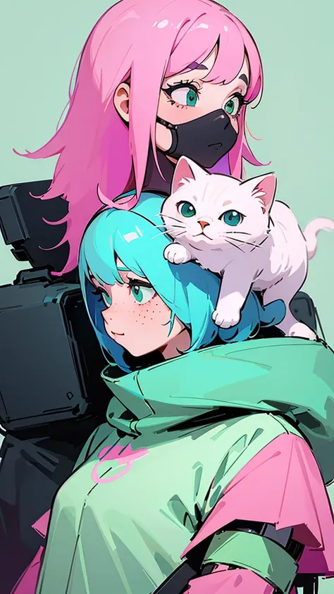 An illustration of a quirky girl with pink hair, in the style of Flat shading, Gemma Correll, with freckles and a cat on her shoulder, photo-manipulated, cyberpunk genre, pastel green --ar 48:85 --niji 5