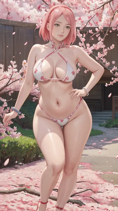 Chubby , thick, Curve, Realistic, Photorealistic,cowboy shot,masterpiece, absurdres, (colorful), 1girl, haruno sakura, forehead mark, red hairband, detailed naked body, perfect vaginal, full revealing, navel, groin, bracelet, looking at viewer, flushed fac...