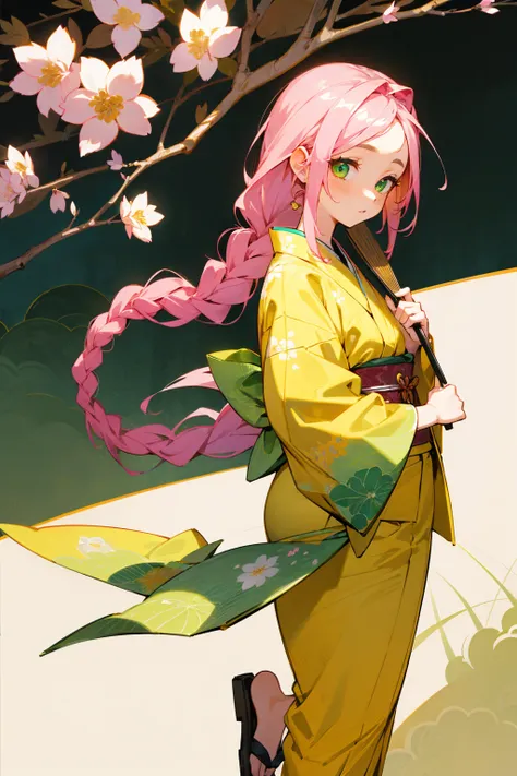 1female, Pink Hair, Long Hair, Braided Hairstyle, Green Eyes, Wearing a Yellow Kimono with Floral Patterns, Sandals, Traditional Japanese Setting, Holding a Paper Fan, Detailed Background, Peaceful Expression