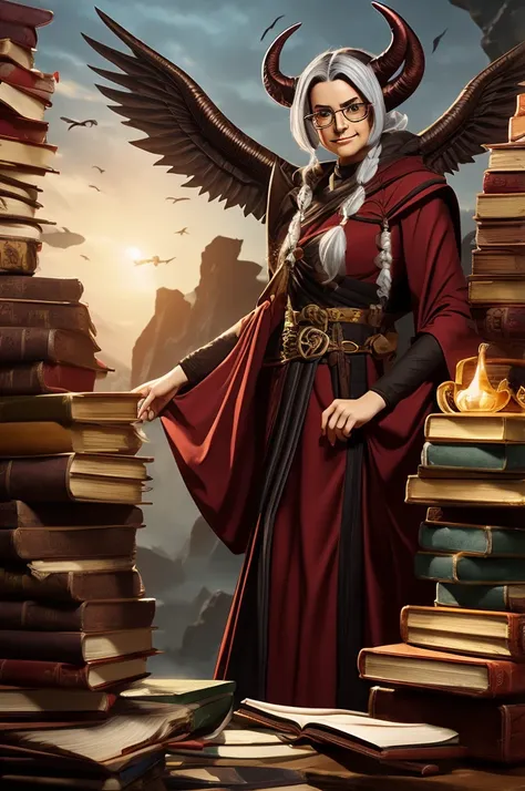 female winged tiefling wizard with glasses and stack of books and scrolls and bag. horns