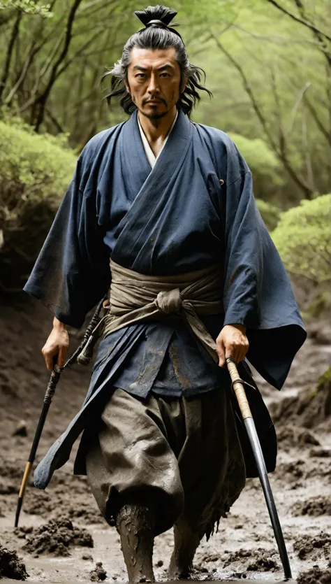 「Miyamoto Musashi Walking in the Wilderness。His clothes were covered in mud.、Rugged appearance。