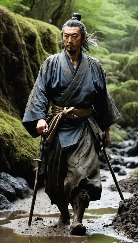 「Miyamoto Musashi Walking in the Wilderness。His clothes were covered in mud.、Rugged appearance。