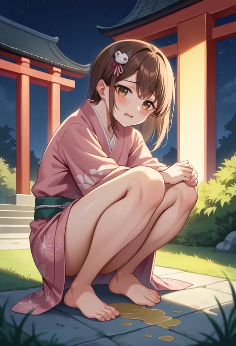 Teenage Girls,Brown Hair,Put on hair ornaments,She is wearing a knee-length pink yukata..,Building shadow,squat,Wetting yourself,Pee,Thighs,night,A small puddle at your feet,Wearing clogs,祭りのnight,Emphasis on embarrassment,high quality,Tachishoben,Grass is...