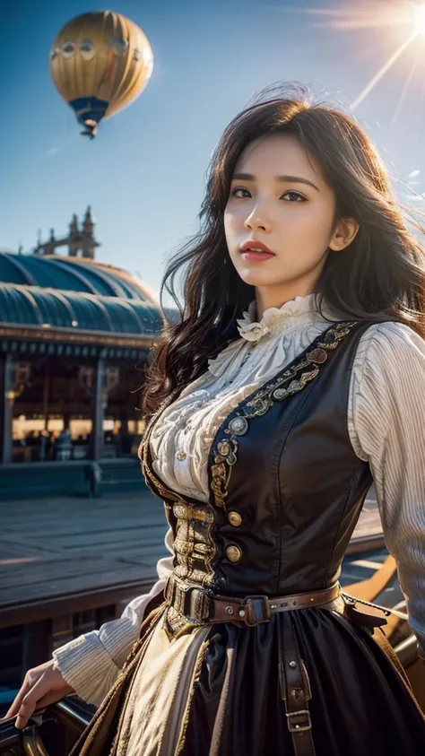 source_photo, (photography, realistic:1.4), cinematic, depth of field, bokeh, best quality BREAK
a woman, solo, steampunk adventurer, dynamic angle, dramatic lighting, Victorian-era outfit with mechanical gadgets, airship dock, towering zeppelins, mechanic...