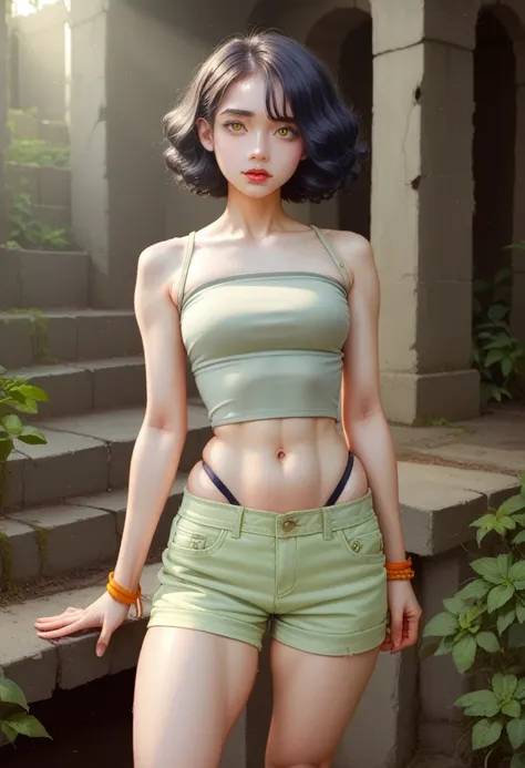 Bright lens: 1.3), epic realistic, Yellow eyes, Girl attacker, (A girl), Light gray opaque short-sleeved top, Sheer fabric at waist, wavy hair 1.4, (Dark blue hair), short hair, Dark blue and orange color scheme, (Light green shorts), The Aesthetics of Wil...