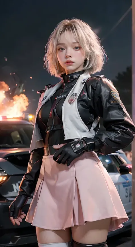 (Top Quality, Ultra High Definition, Photorealistic:1.4), (cowboy shot:1), 1 Beautiful Armed Girl, (Kpop Idol), Detailed Face, (Hair Style: long hair blonde:1, fullbang, shortbob-style:1), Contrapposto, Perfect Anatomy, ((wearing Futuristic Police Racing S...