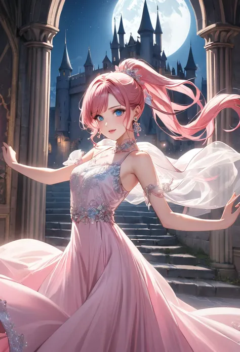 1 female　Pink hair ponytail　Pink eyebrows　Dull light blue eyes　Long dress　Dance　Moon hair accessory and earrings　Inside the castle