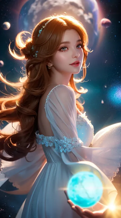 (realistic) A girl in cloud universe with shining stars and galaxy, wearing a (clean and elegant) dress, surrounded by (vibrant and colorful), light particles surround, heaven opens into the swirls of galaxy. Her (beautiful detailed) eyes and (beautiful de...